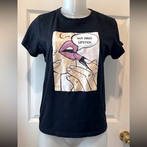 Black Graphic Tee with Lipstick Design